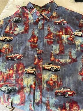 Joe Marlin Men's Corvette Vintage print Button-Down Shirt Navy Red XXL